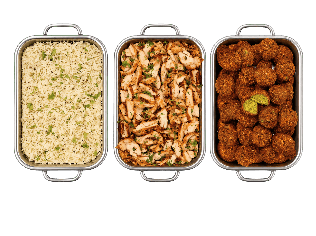 Greek catering trays and platters arranged for a group event