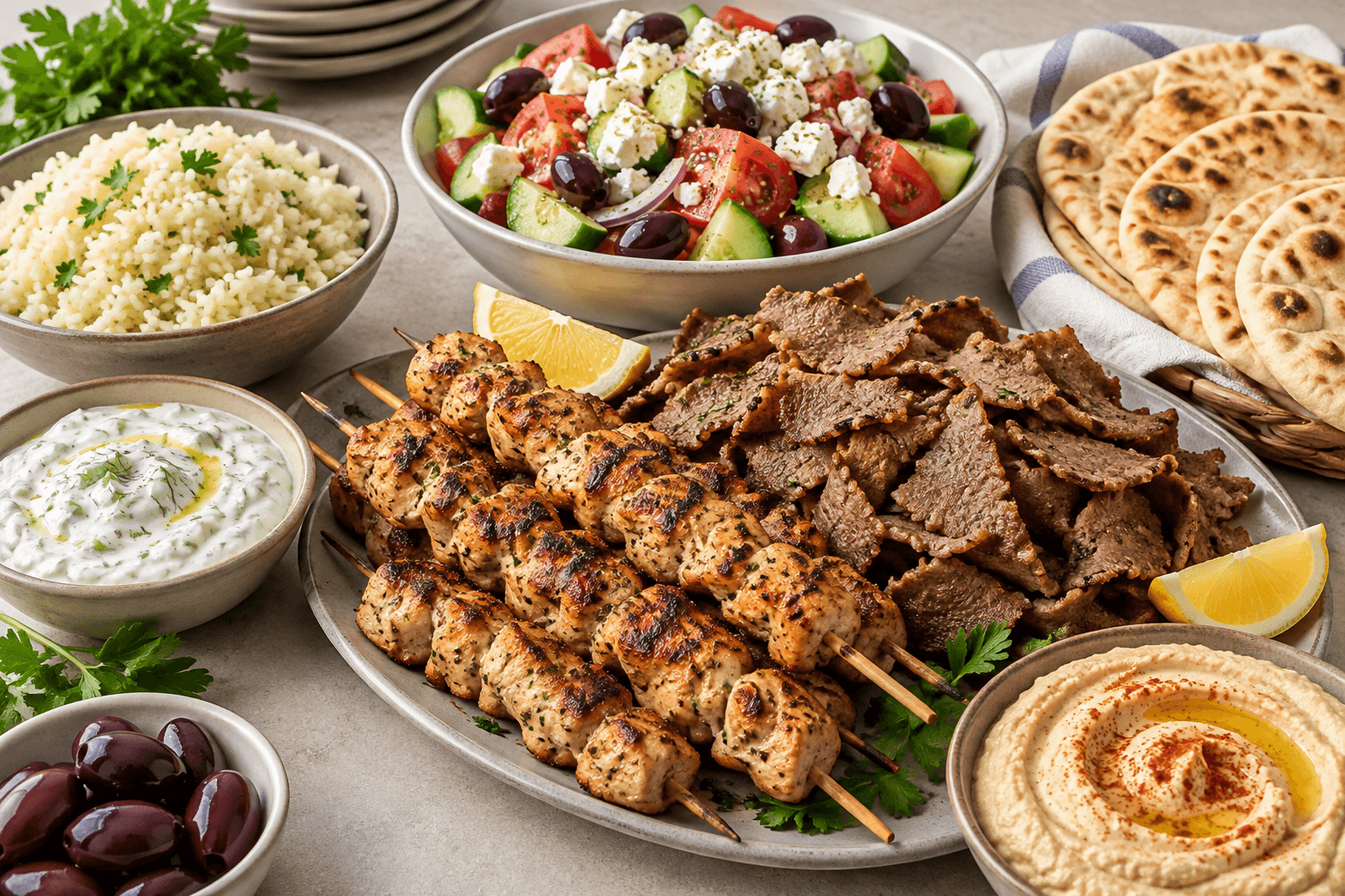 AI-generated illustration showing shaved gyro and chicken souvlaki beside meal accompaniments
