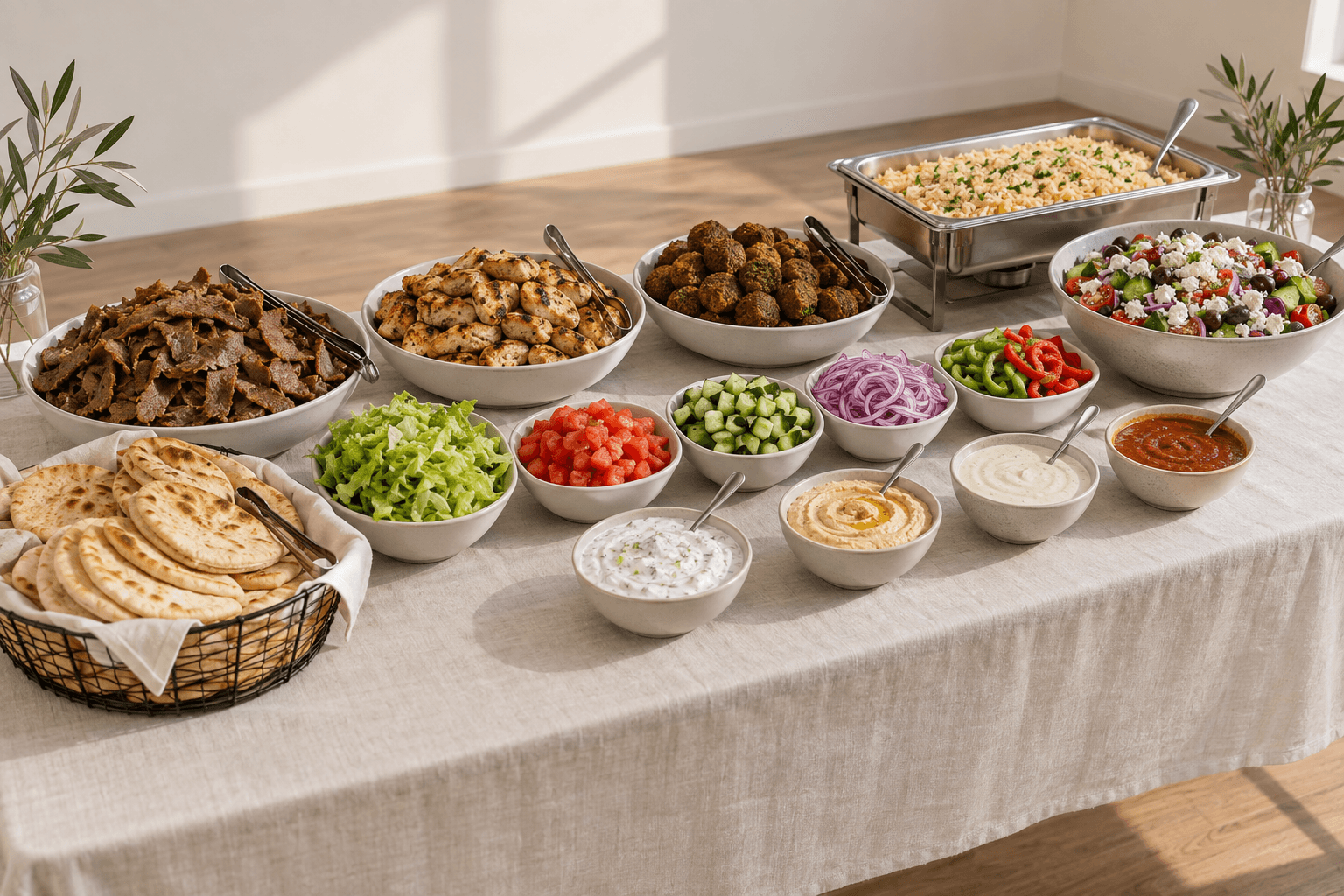 AI-generated example of a build-your-own Greek catering station layout